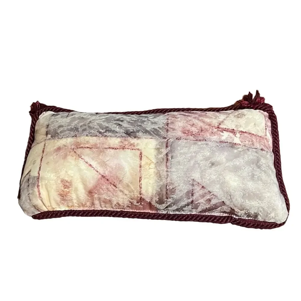 Beige & Burgundy Brocade Envelope Throw Pillow with Fringe Handmade